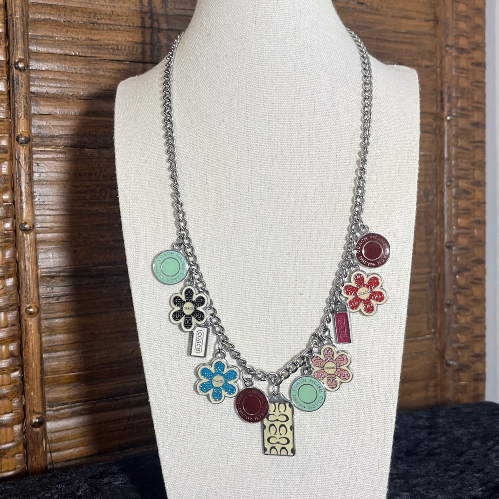 Coach Y2K Vintage Silver Tone 11 Piece Multicolor Floral Charm Toggle Necklace
